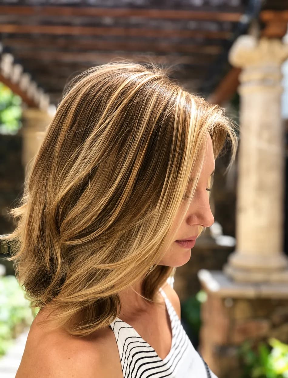 Sun-kissed French balayage highlights hand-painted by balayage specialist at Salon Lola in Gilbert, Arizona